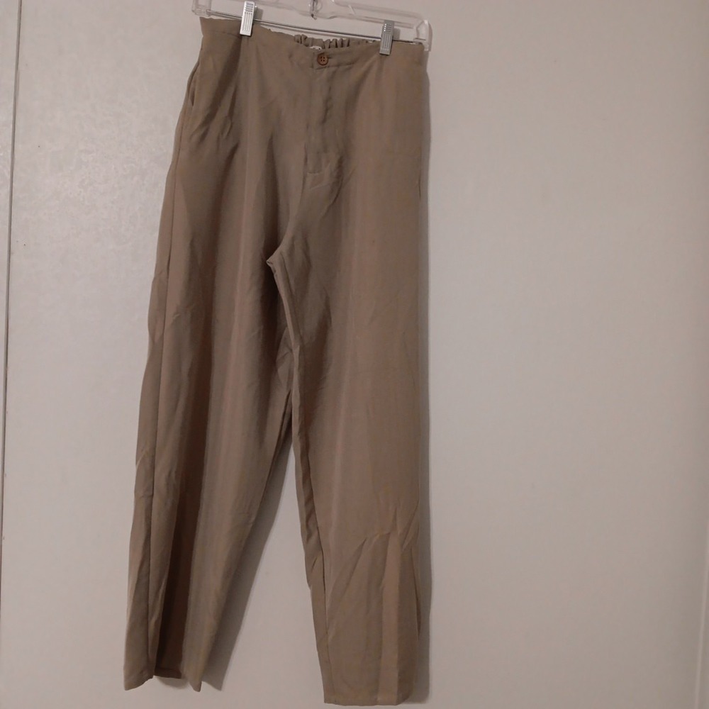Keran Hart Women's Sz M Linen Blend Khaki Elastic Back Flat Front Wide Leg